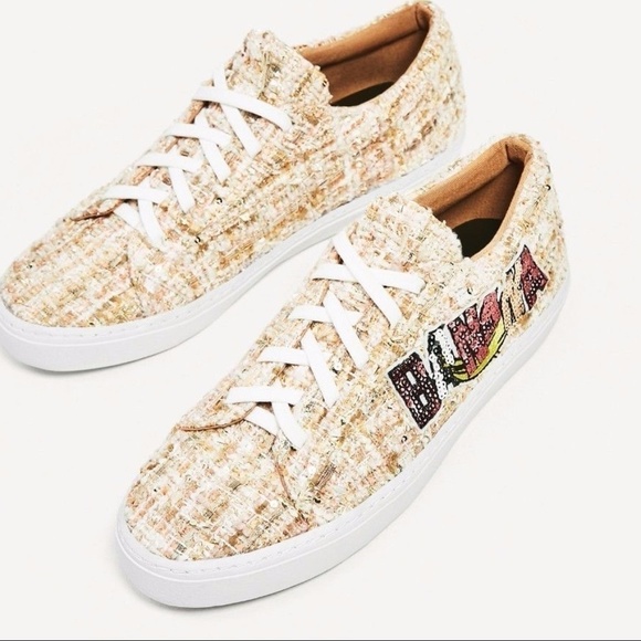 Zara Fabric Plimsolls Tweed Sequin Beaded Sneakers - Picture 1 of 6